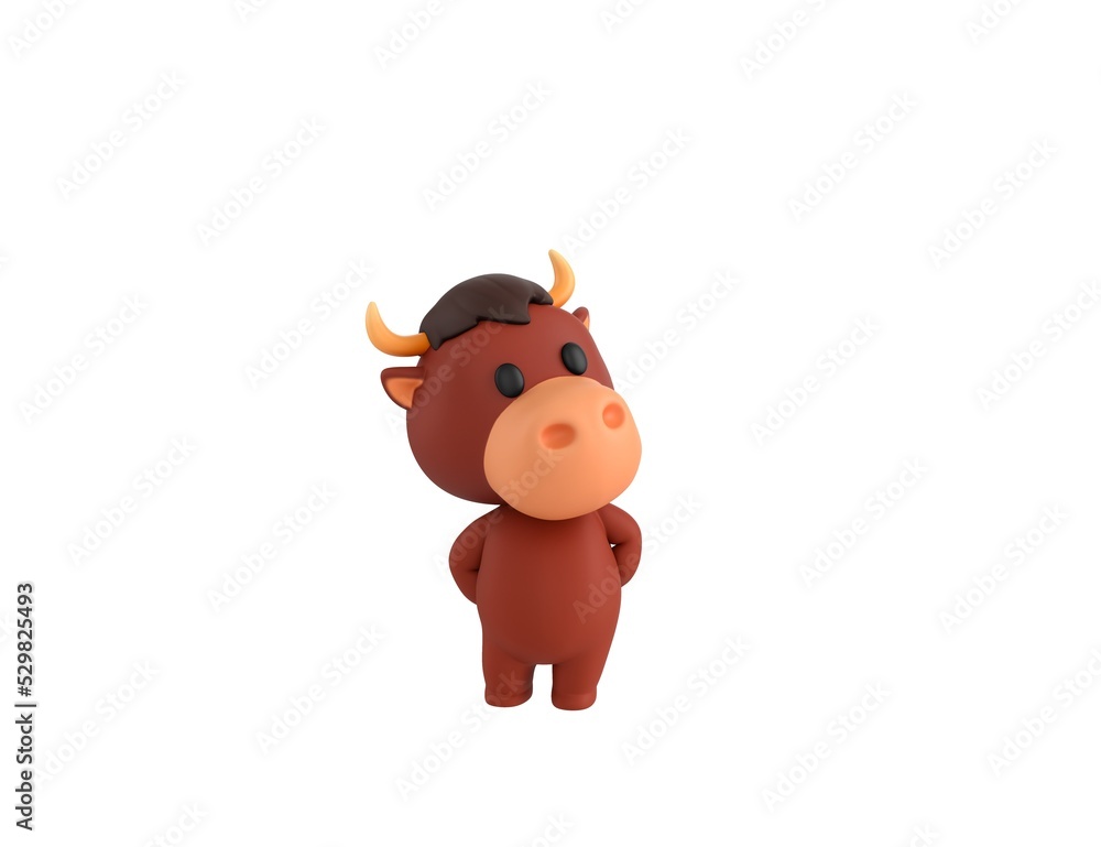 Little Bull character hides hands behind back and look up in 3d rendering. Little Bull character hides hands behind back and look up in 3d rendering.