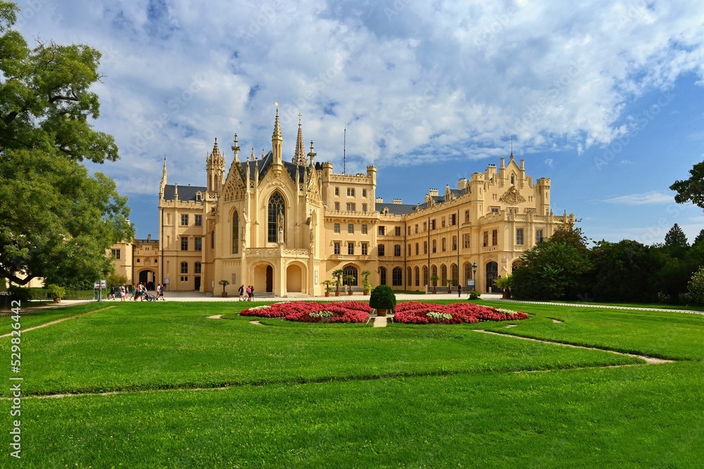 A beautiful castle with a garden and a park. Lednice - Czech Republic - South Moravia. A popular tourist spot for travel and excursions.