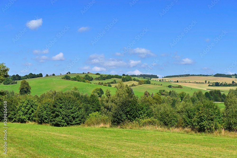 Beautiful summer landscape with nature. Meadow with forest and blue sky on a sunny day. Highlands - Czech Republic Beautiful summer landscape with nature. Meadow with forest and blue sky on a sunny day. Highlands - Czech Republic
