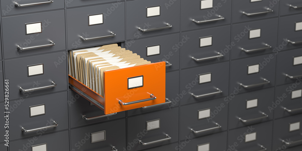 File cabinet full of foders. Storage, organization and administration concept.