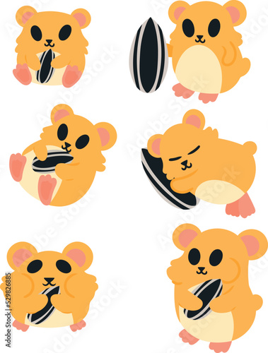 Set of cute hamsters. Each hamster keeps seed. Vector illustration. Hamster collection isolated on white background. Flat