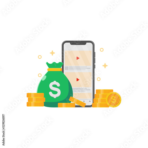 Vector graphic of Smartphone with video one screen illustration, money bag and stack of coins, creator content concept white isolated