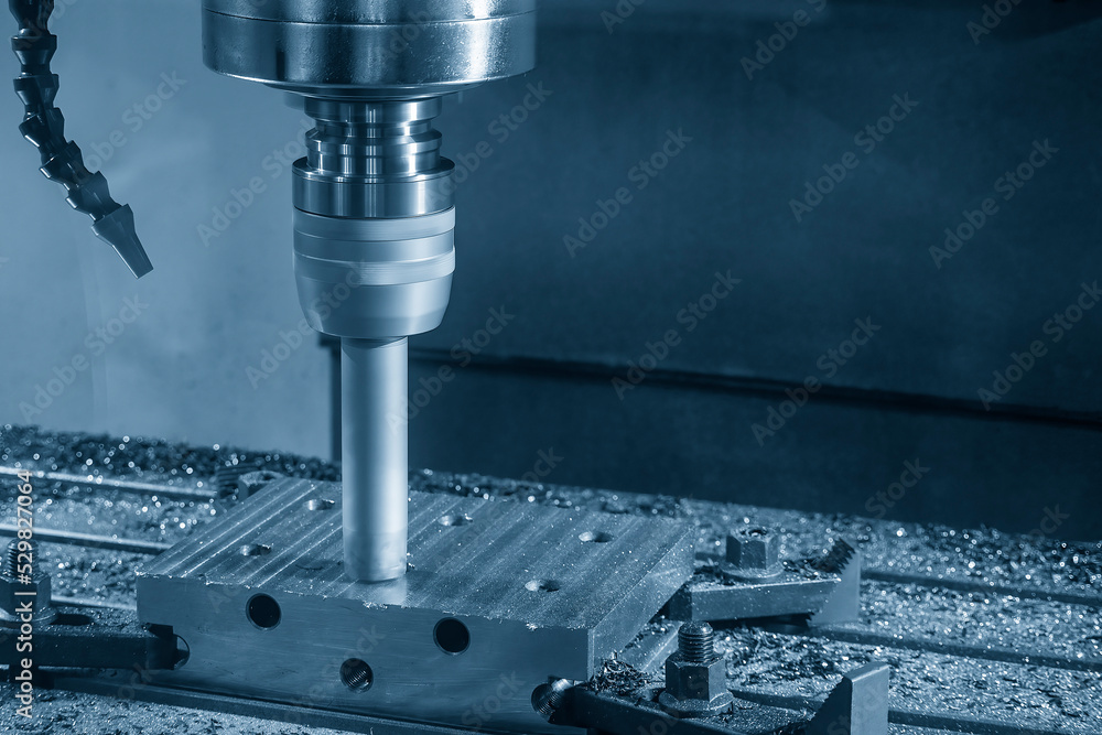 The CNC milling machine rough cutting the injection mold parts by indexable tools. The CNC milling machine rough cutting the injection mold parts by indexable tools.