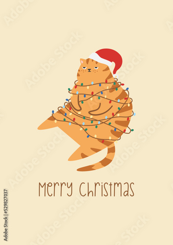 Vector New Year card. Cute disgruntled ginger cat. The cat is tangled in a Christmas garland. Fat cat in a Santa Claus hat 