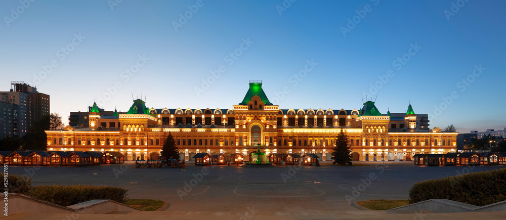 The building of the Nizhny Novgorod Fair is the largest fair in the Russian Empire (1822), night panorama. Nizhny Novgorod, Russia