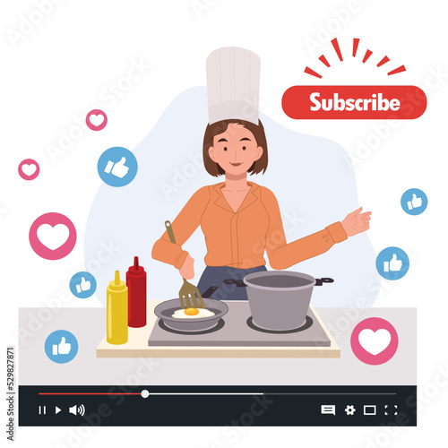 Online cooking courses concept, culinary class service. Chef teacher preparing food at kitchen. Social media concept. Vector illustration