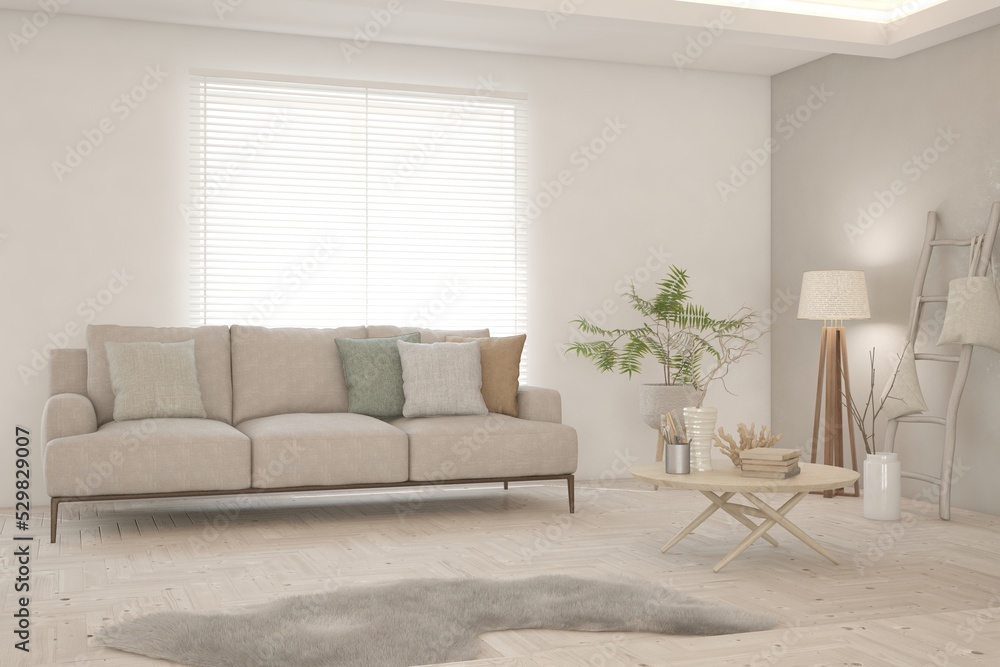 Fototapeta premium White living room with sofa. Scandinavian interior design. 3D illustration