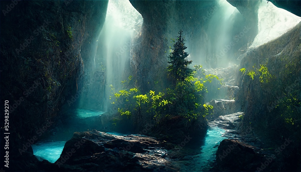 絵画 イラスト 森 泉 滝 自然 緑 ファンタジー Stock Illustration Adobe Stock