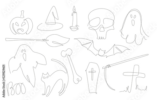 Halloween single line elements collection. Spooky night one line icons decoration. Pumpkin and ghost for Postcard and invitation. Halloween outline set.