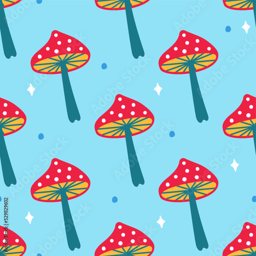 A pattern of mushrooms in the retro style of the 70s. Good vibes multi-colored picture. Vector illustration