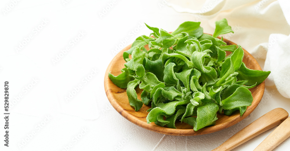 crystalline ice plant or crystal ice plant in wood plate on white background. green leaves Crystalline ice plant vegetable food in wood plate on white background                                    