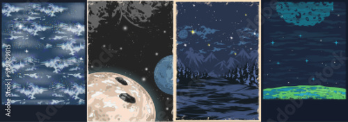 Space landscapes set colorful posters