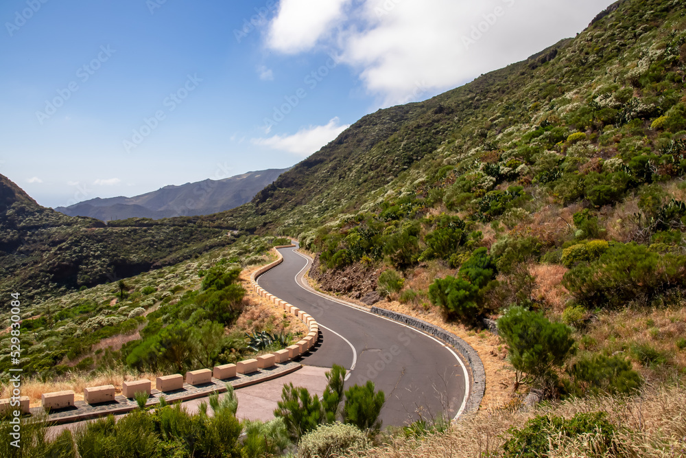 Panoramic view on empty narrow winding curvy mountain road going to remote village Masca, Teno mountain massif, Tenerife, Canary Islands, Spain, Europe. Roadway over hilly terrain with shrub fauna