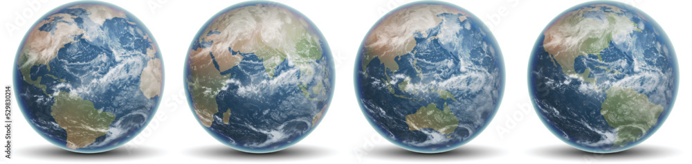 Set of earth globes. Four of blue planets Earth. Highly realistic illustration. Set of earth globes. Four of blue planets Earth. Highly realistic illustration.