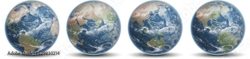 Set of earth globes. Four of blue planets Earth. Highly realistic illustration.