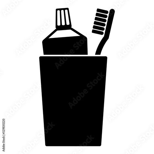 Toothpaste and toothbrush in cup icon.