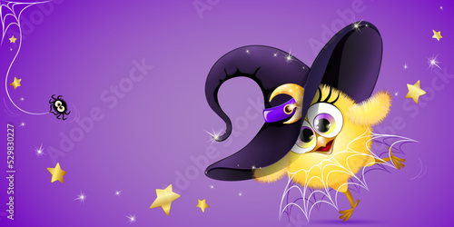 Chick witch Girl in magic witch hat with little cute spider and funny web skirt