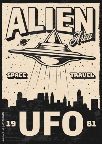 Alien UFO flyer monochrome vintage