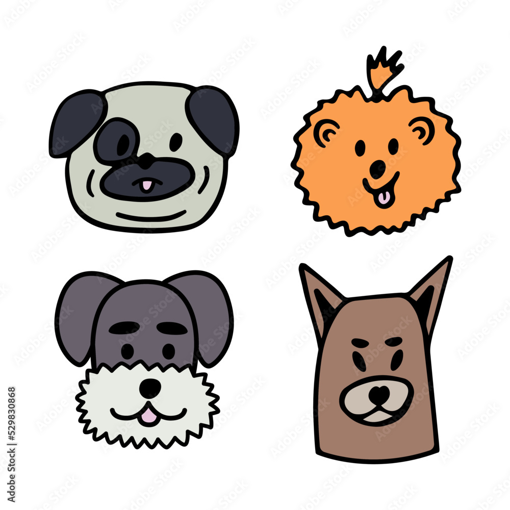 Funny dogs cartoon character set. Cute puppies of pug, pomeranian spitz, schnauzer breed line art. Nice happy pets isolated on white background. Hand drawn vector illustration in cartoon style.