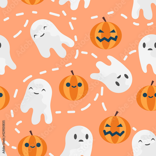 Halloween seamless pattern background, ghost, pumpkins. Vector illustration for design, fabric or wrapping paper.