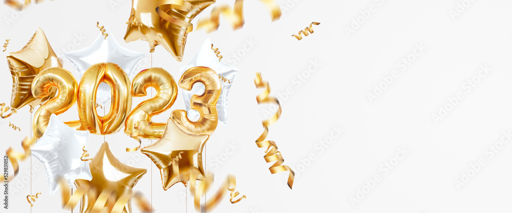 Happy new year 2023, golden inflatable balloons on a white background, confetti. Holiday card, magazine style, banner, website header, web poster, template for advertising. 3D illustration, 3D render Happy new year 2023, golden inflatable balloons on a white background, confetti. Holiday card, magazine style, banner, website header, web poster, template for advertising. 3D illustration, 3D render