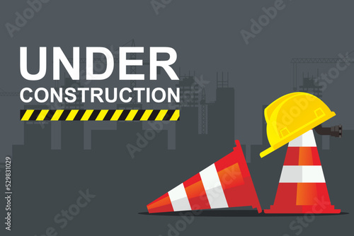 Under construction illustration. Site project background with safety cone and safety helmet.