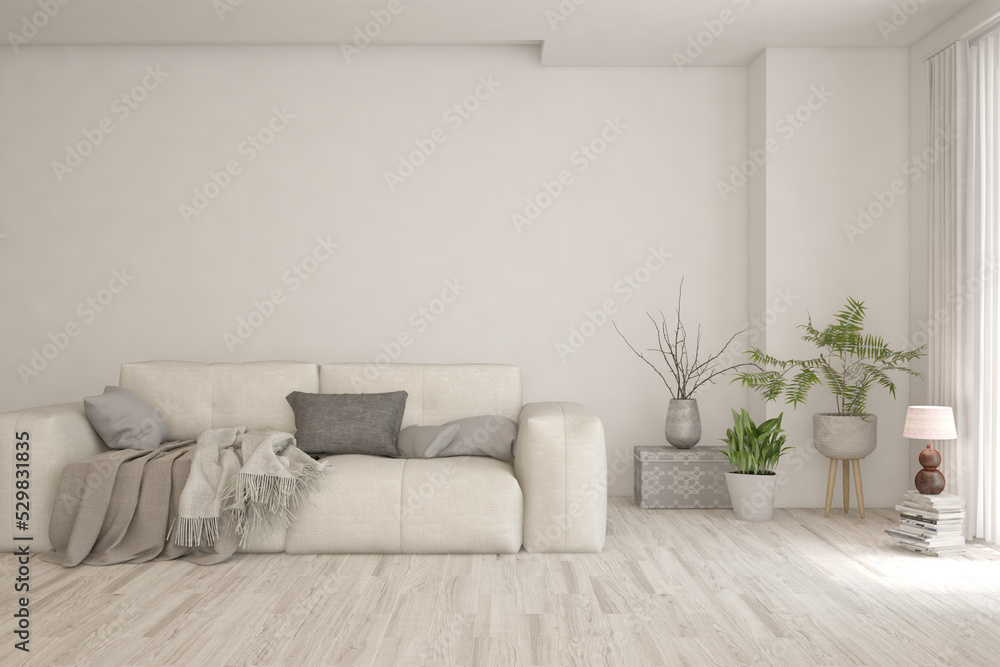 White living room with sofa. Scandinavian interior design. 3D illustration White living room with sofa. Scandinavian interior design. 3D illustration