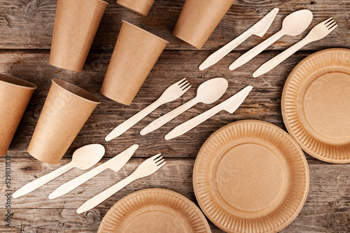 Disposable paper biodegradable cups, plates, spoons, forks and knives photo