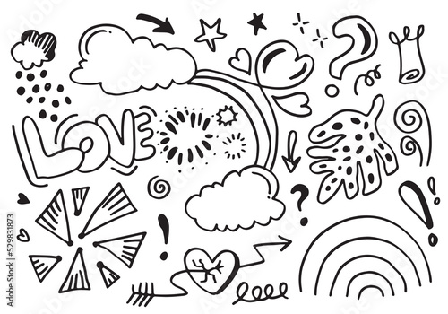 Hand drawn doodle design elements, love, cloud, swoops, emphasis, Arrow, crown, line, hill. doodle sketch design elements.
