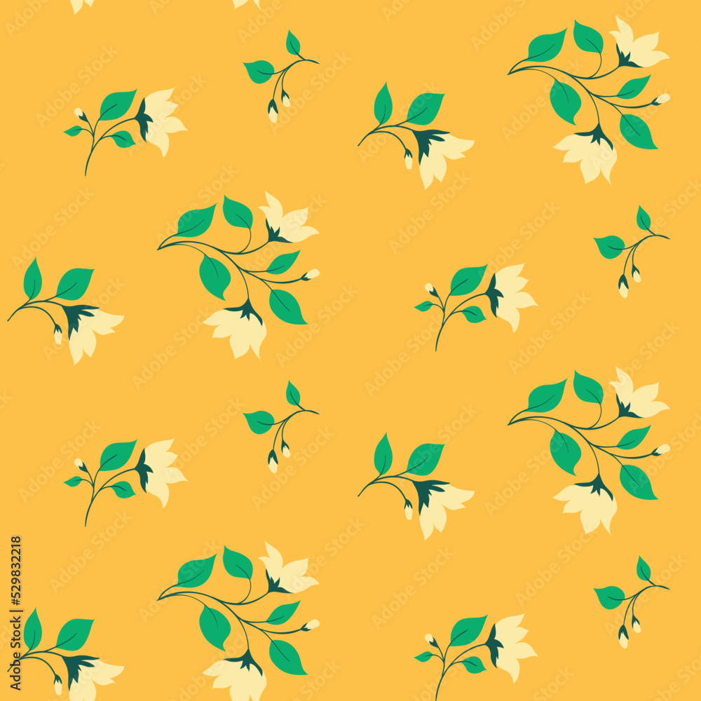 Seamless pattern, decorative art floral print with small flowers branches in an abstract composition on a yellow background. Pretty botanical surface design with blooming twigs, leaves. Vector.