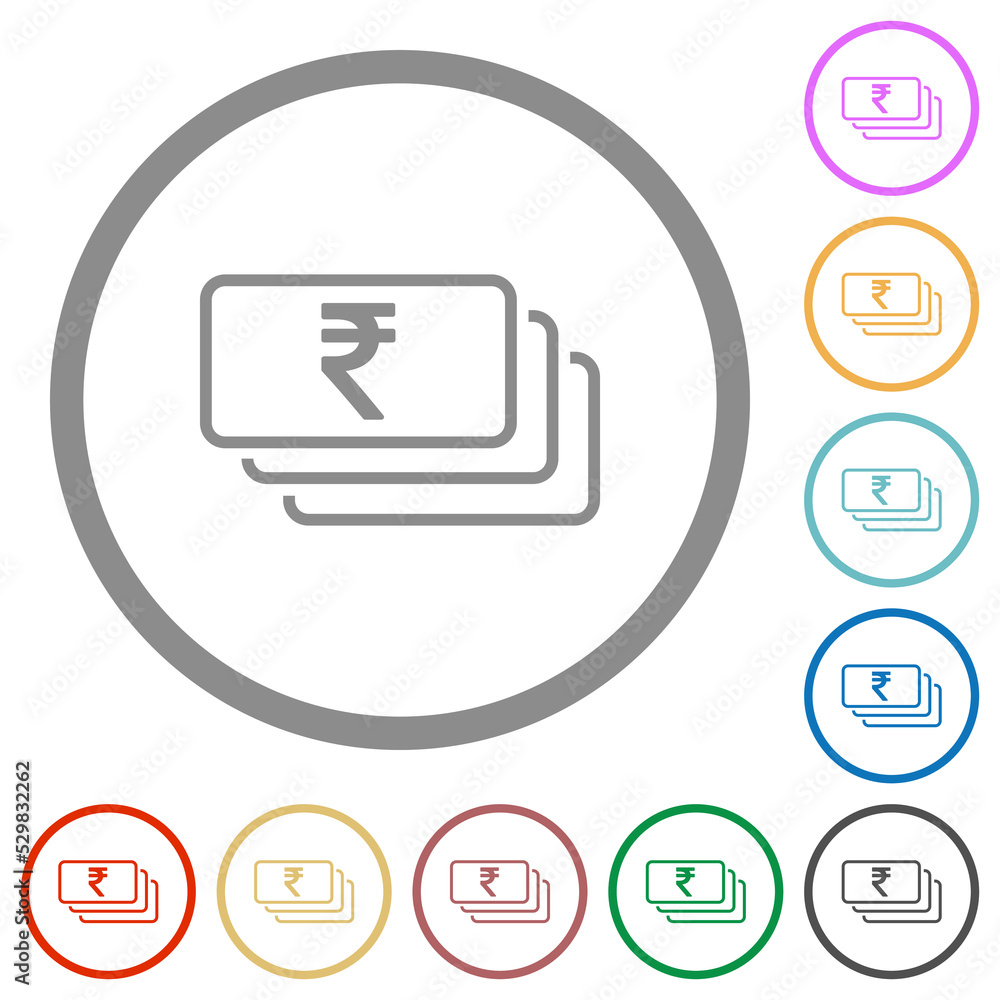 Indian Rupee banknotes outline flat icons with outlines