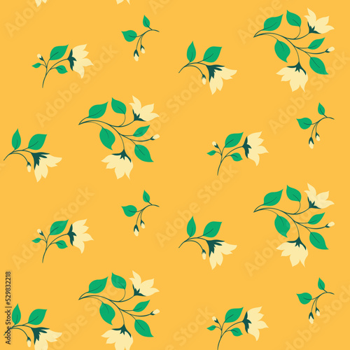 Seamless pattern  decorative art floral print with small flowers branches in an abstract composition on a yellow background. Pretty botanical surface design with blooming twigs  leaves. Vector.