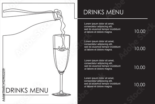 Drinks menu. Continuous one line drawing of bottle and a glass. Illustration with quote template. Can used for logo, banner, booklet, flyer, brochure