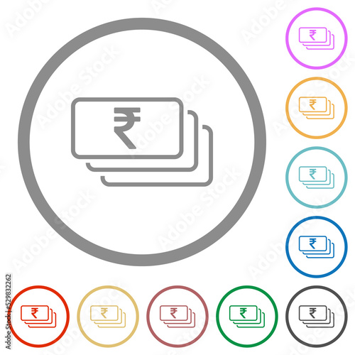 Indian Rupee banknotes outline flat icons with outlines