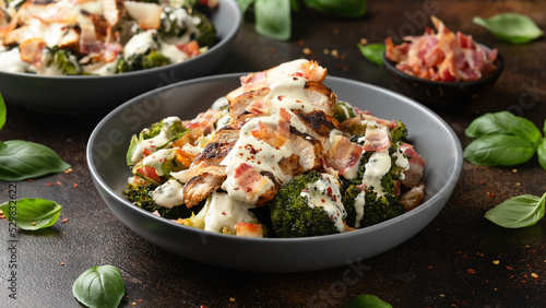 Baked chicken, broccoli with creamy cheese sauce and bacon