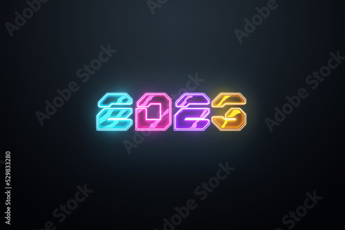 Happy new year, neon numbers 2023 on a dark background. Holiday card, magazine style, banner, website header, web poster, template for advertising, poster. 3D illustration, 3D render.