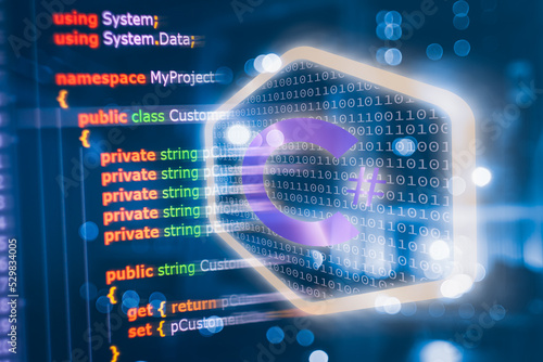 C sharp programming language source code example on monitor, C# source code.