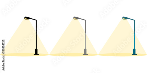 Set electric streetlight lamp pole illumination at night time in the park on white background banner flat icon vector design.