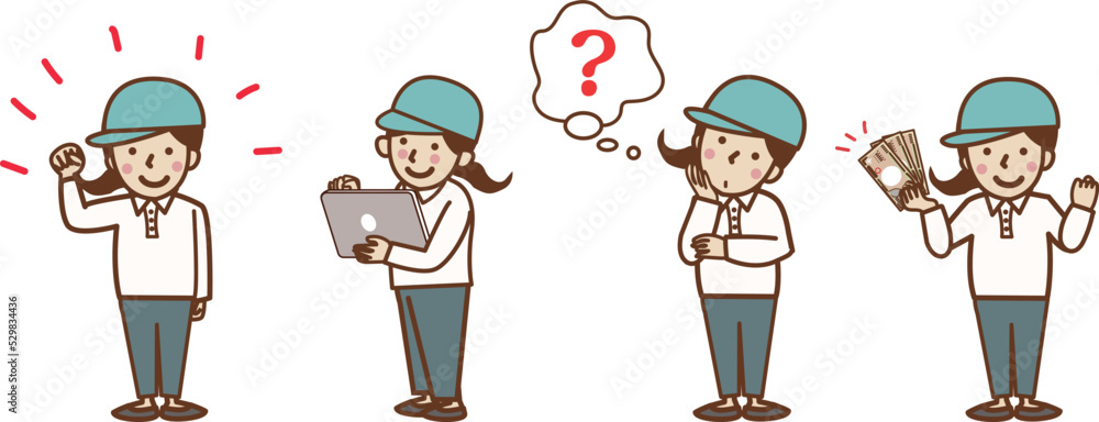 働く作業員の女性のセットイラスト。ガッツポーズ、タブレットを持つ、考える、現金を持つ。