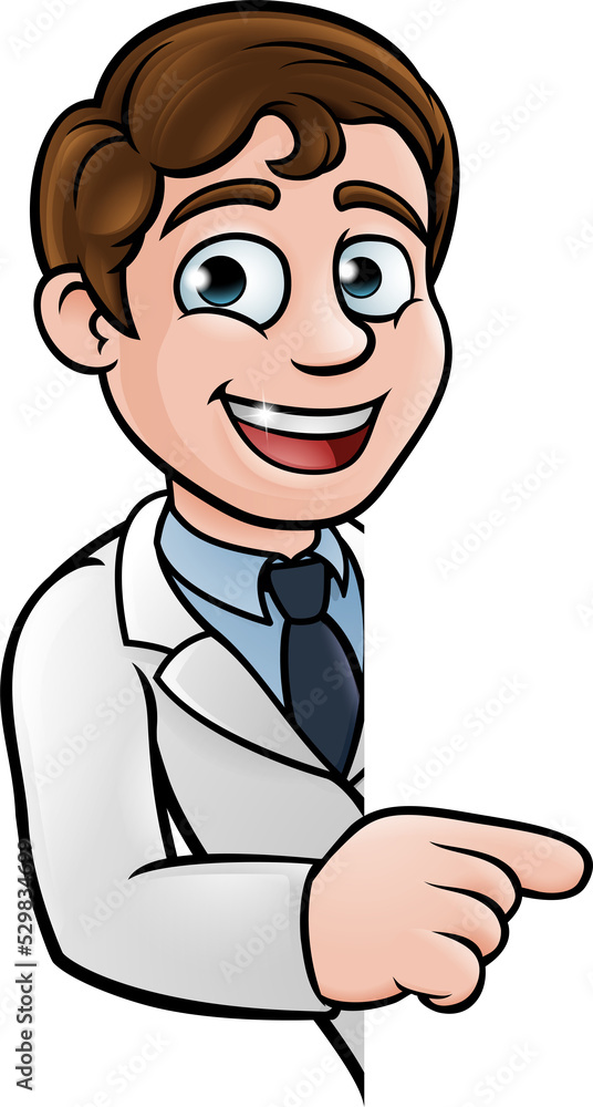 Scientist Cartoon Character Pointing at Sign Scientist Cartoon Character Pointing at Sign