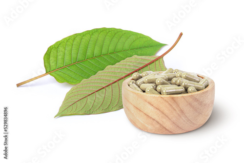 Kratom leaves (Mitragyna speciosa) with kratom capsule isolated on white background.  photo