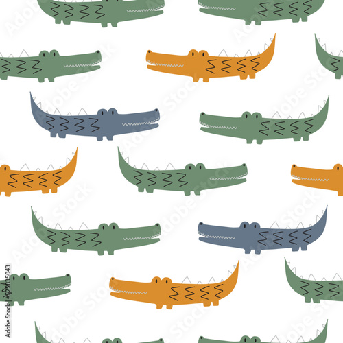 Seamless pattern with cute African colorful crocodiles. Vector illustration for your design.