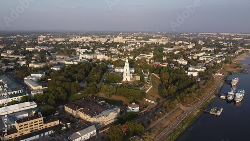 ultra hd video footage 4k Aerial view of the city of Kostroma, Russia. The quadcopter flies over the old city.