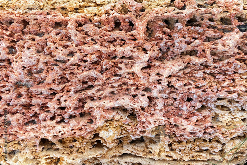 The texture of the porous stone is orange in color. The layered structure of the stone. Natural stone