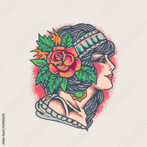 Lady shaman vintage tattoo style illustration