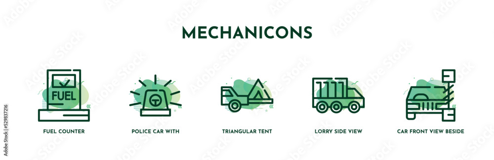 set of 5 thin line mechanicons icons. outline icons including fuel ...