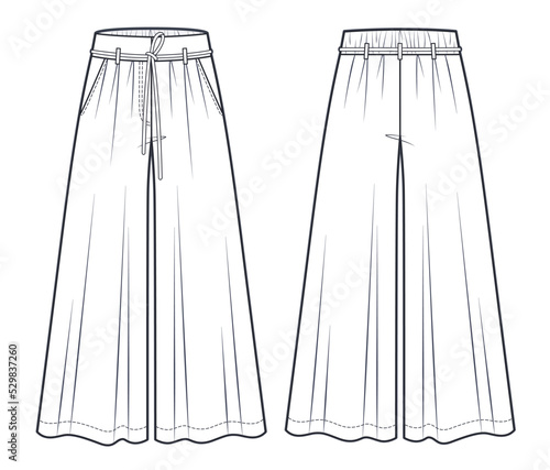 Palazzo Pants fashion flat technical drawing template. Women's Flared Palazzo Pants technical fashion Illustration, with belt, elastic waistband, medium waist, front and back view, white, CAD mockup.