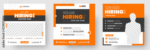 We are hiring job vacancy social media post banner design template with red color. We are hiring job vacancy square web banner design.