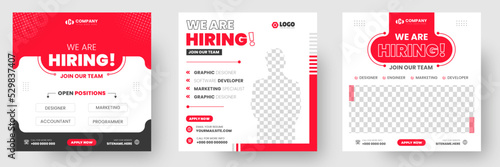 We are hiring job vacancy social media post banner design template with red color. We are hiring job vacancy square web banner design.