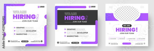 We are hiring job vacancy social media post banner design template with purple color. We are hiring job vacancy square web banner design.